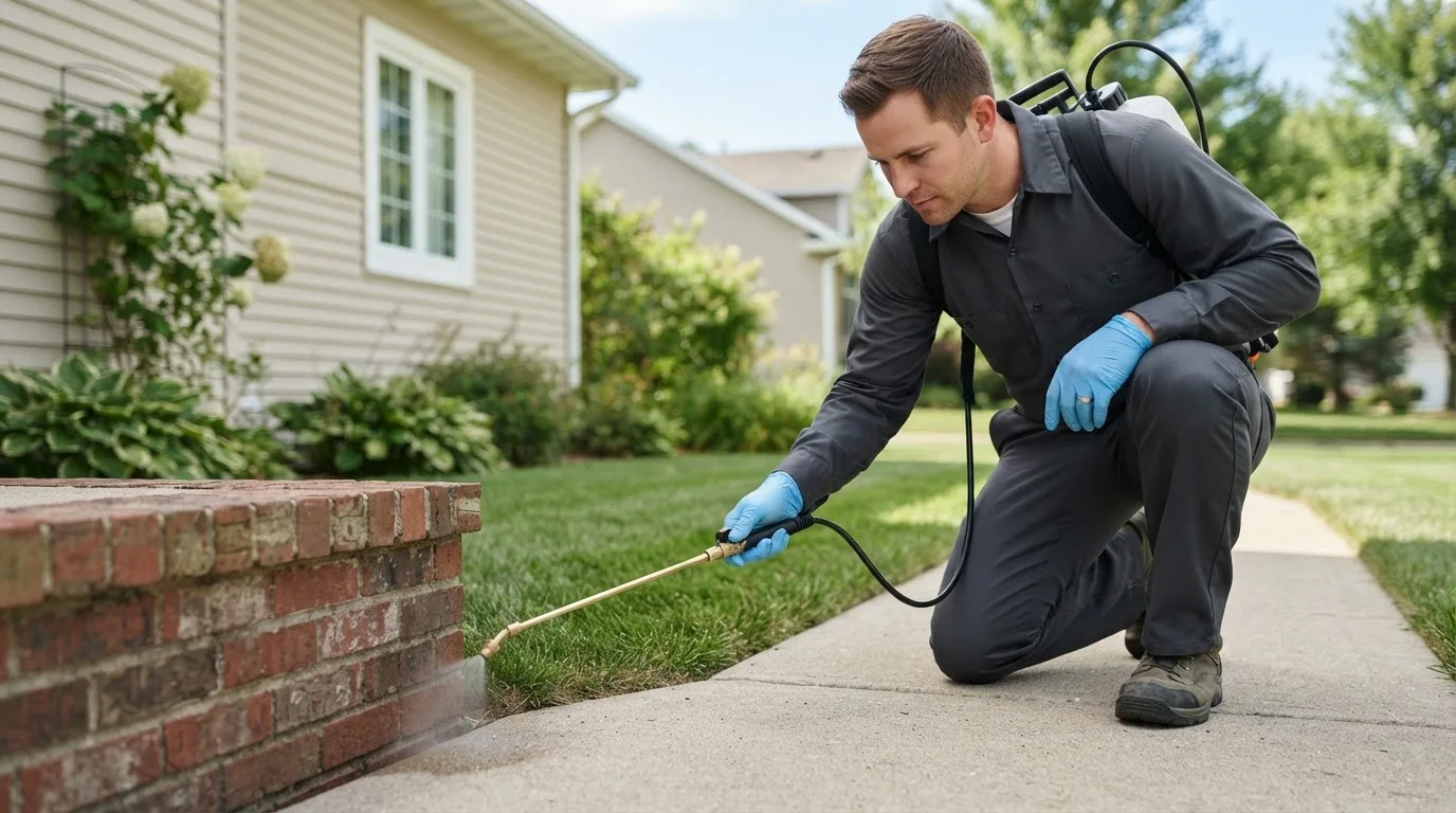 Pest control technician treating a home near Dougherty, IA