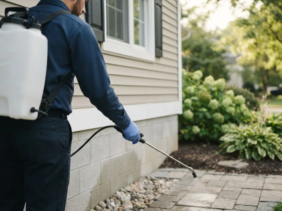 Pest control technician inspecting a home in Dougherty, IA